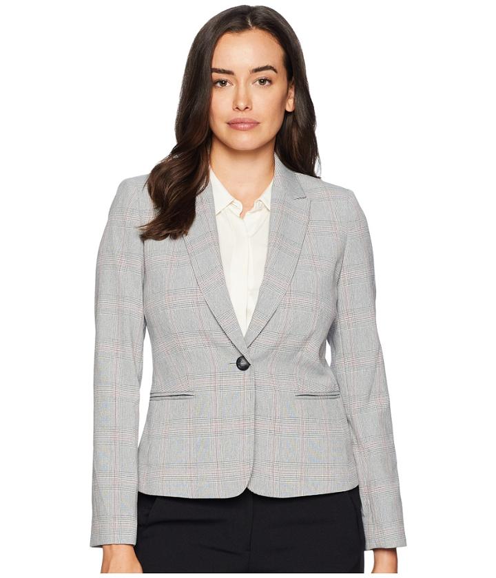 Tahari By Asl One-button Plaid Long Sleeve Jacket (black/ivory/fuchsia) Women's Coat
