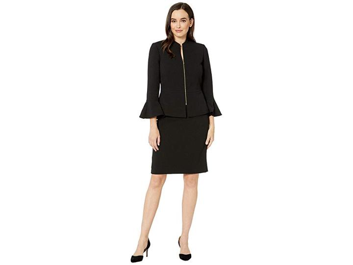 Tahari By Asl Skirt Suit With Collarless Jacket (black) Women's Suits Sets