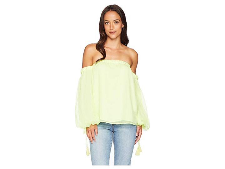 Vince Camuto Off-shoulder Bubble Sleeve Sheer Stripe Blouse (soft Kiwi) Women's Blouse