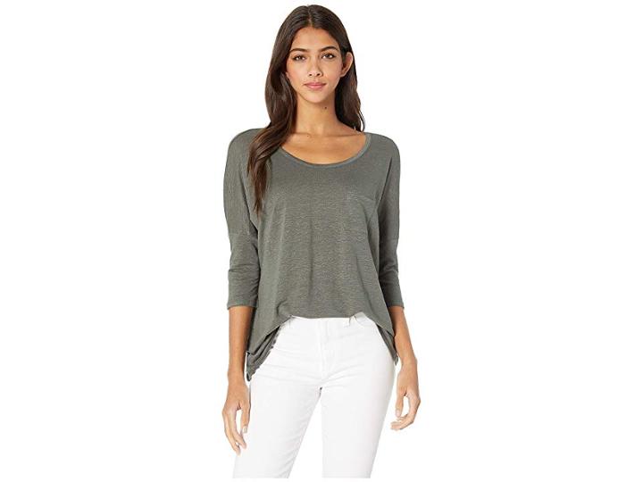 Chaser Linen Jersey Boxy 3/4 Sleeve Scoop Back Pocket Tee (safari) Women's Clothing