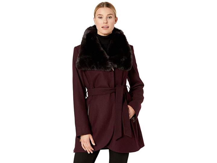 French Connection Wool With Faux Fur Collar And Belt (wine) Women's Coat