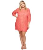 Adrianna Papell Plus Size Marni Lace 3/4 Sleeve Shift Dress (cruise Coral) Women's Dress