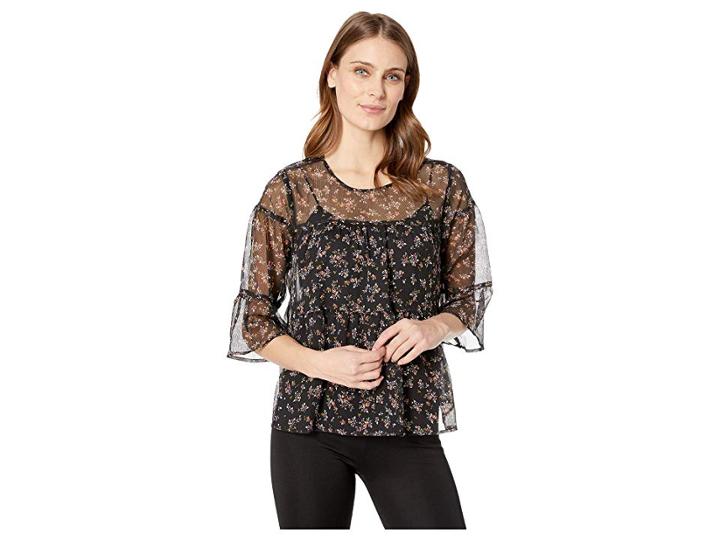 Two By Vince Camuto Ditsy Manor Tiered Ruffle Blouse (classic Navy) Women's Blouse