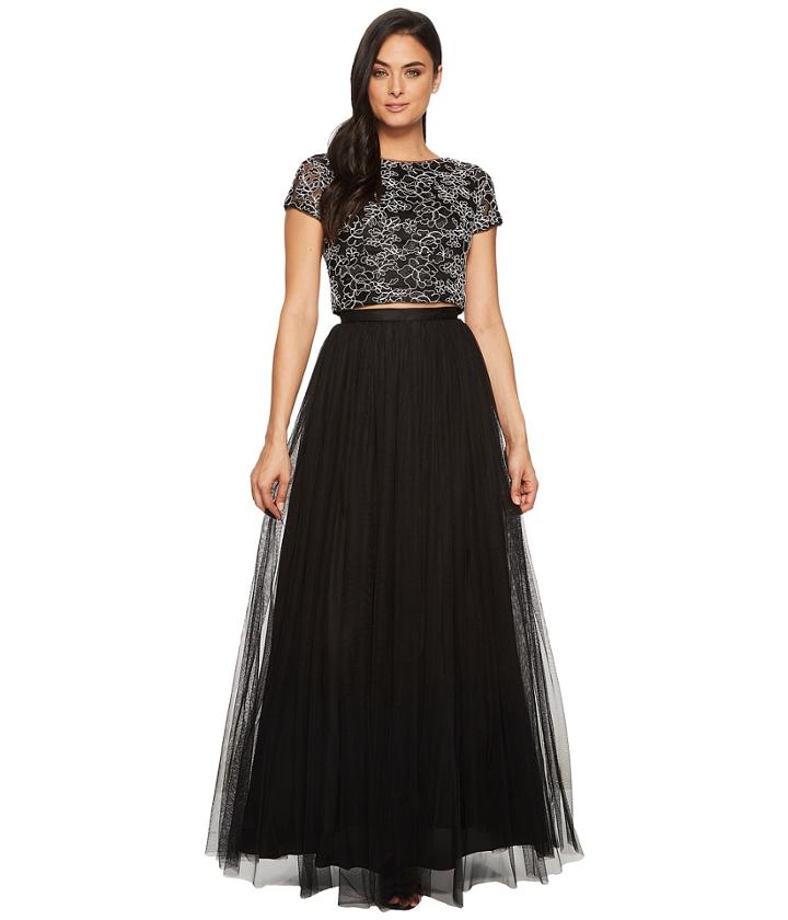 Adrianna Papell Cap Sleeve Corded Lace And Mesh Two-piece Gown (black/white) Women's Dress