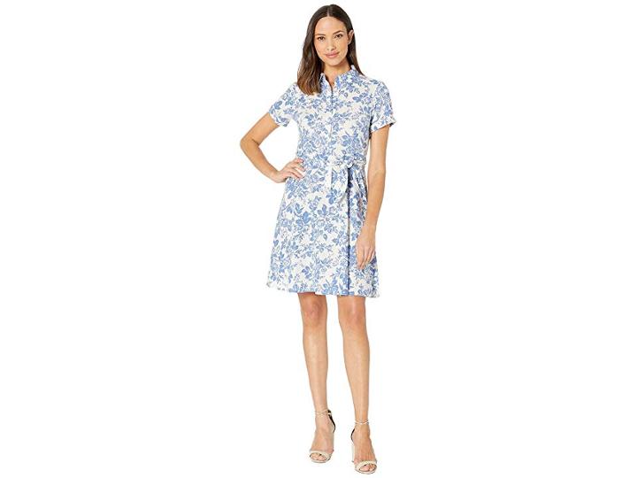 London Times Shirtdress W/ Self Sash (white/blue) Women's Dress