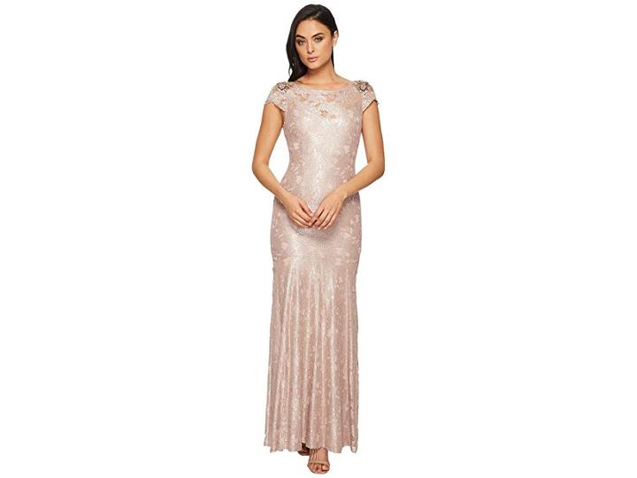 Adrianna Papell Long Metallic Lace Cap Sleeve Gown (silver Quartz) Women's Dress