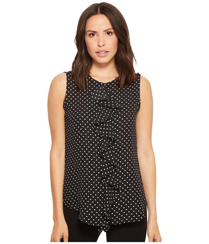 Tommy Hilfiger Sleeveless Woven Pindot Print Cascading Ruffle Front Top (black/ivory) Women's Sleeveless
