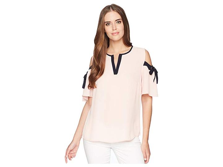 Ivanka Trump Georgette Cold Shoulder Contrast Piping With Tie Sleeve (blush/navy) Women's Clothing
