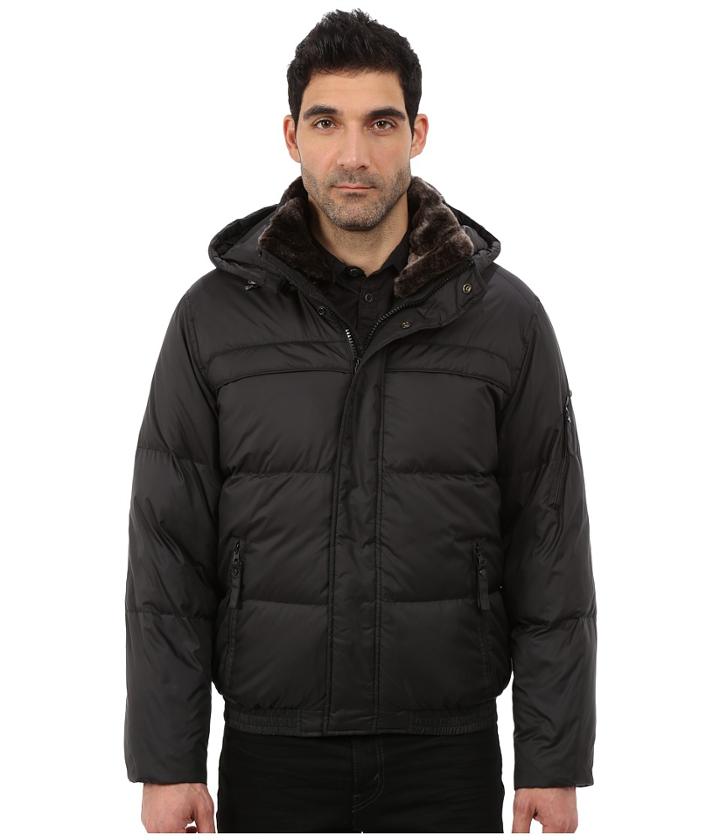 Marc New York By Andrew Marc Fauxmula Down Filled Bomber W/ Faux Fur Trimmed Collar And Removable Hood (black) Men's Coat