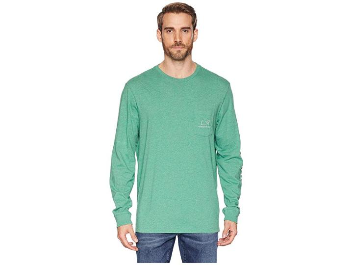 Vineyard Vines Long Sleeve Heather Vintage Whale Pocket Tee (starboard Green) Men's T Shirt