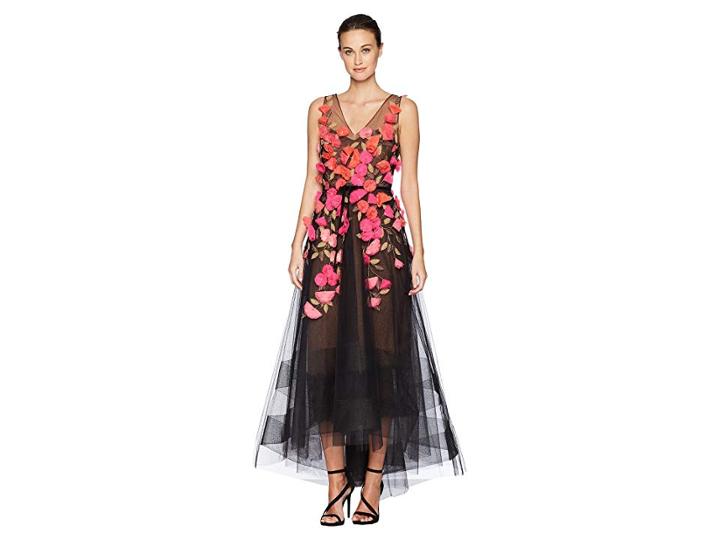 Marchesa Notte Sleeveless V-neck Hi-lo Gown W/ 3d Degrade Flowers (black) Women's Dress
