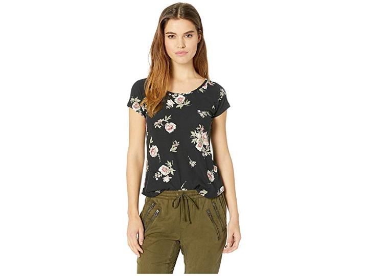 Pink Rose Raglan Short Sleeve Shirttail Top W/ Back Double Crisscross (black Botanical Floral) Women's Clothing