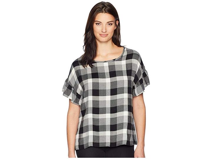 Dylan By True Grit Washed Rayons Buffalo Check Plaid Ruffle Short Sleeve Blouse (black/grey) Women's Blouse