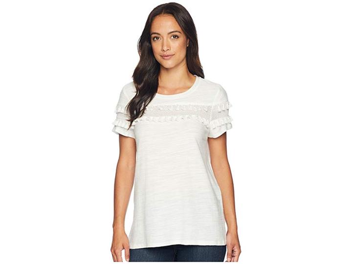 Two By Vince Camuto Short Sleeve Tee W/ Mesh Inset Pompom Trim (new Ivory) Women's T Shirt
