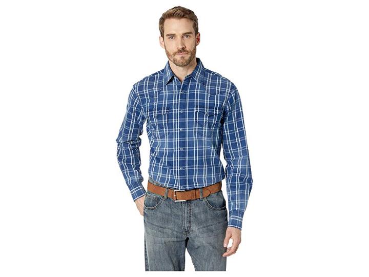 Wrangler Retro Long Sleeve Snap Plaid (indigo Plaid) Men's Clothing