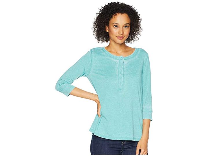 Dylan By True Grit Bowery Burnouts 3/4 Sleeve Button Henley Tee (vintage Turquoise) Women's T Shirt