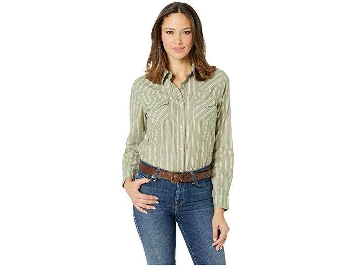 Wrangler Western Long Sleeve Snap Plaid Shirt (olive) Women's Clothing