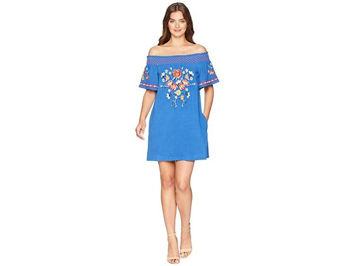 Miss Me Flower Embroidered Dress (blue) Women's Dress