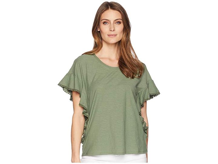 Two By Vince Camuto Drop Shoulder Ruffle Sleeve Top W/ Dot Trim (canopy Green) Women's Short Sleeve Pullover