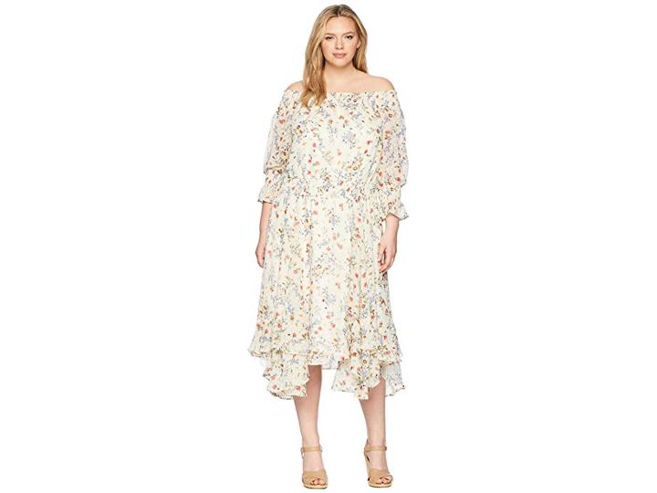 Tahari By Asl Plus Size Flounced Off Shoulder Midi Dress (butter/red/yellow) Women's Dress