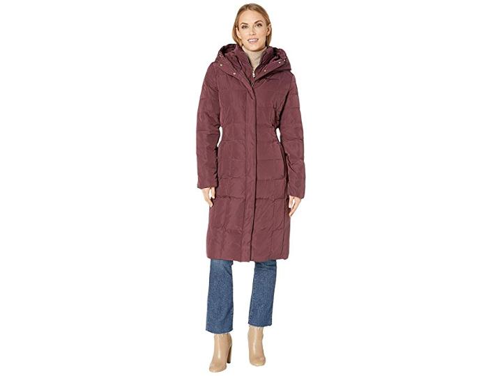Cole Haan Quilted Down Coat With Bib Elasticated Side Waist Detail And Oversized Hood (merlot) Women's Coat