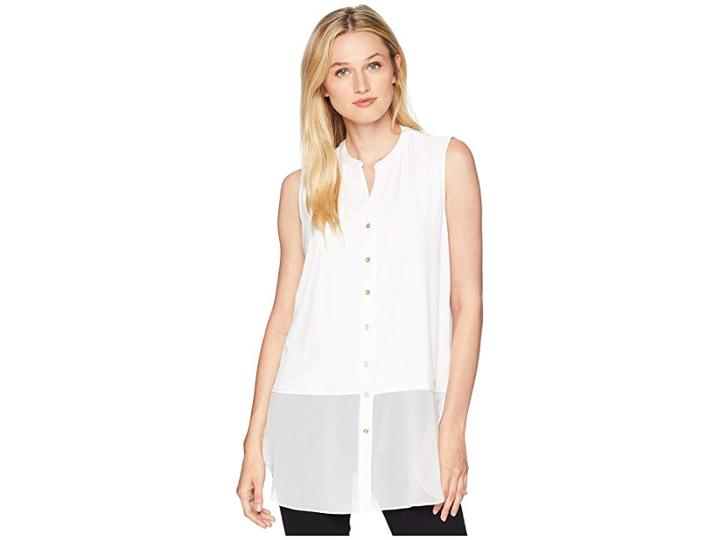 Calvin Klein Sleeveless Button Up W/ Chiffon (soft White) Women's Sleeveless