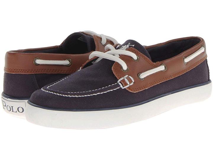 Polo Ralph Lauren Kids Sander (big Kid) (navy Canvas/tan Leather) Boys Shoes