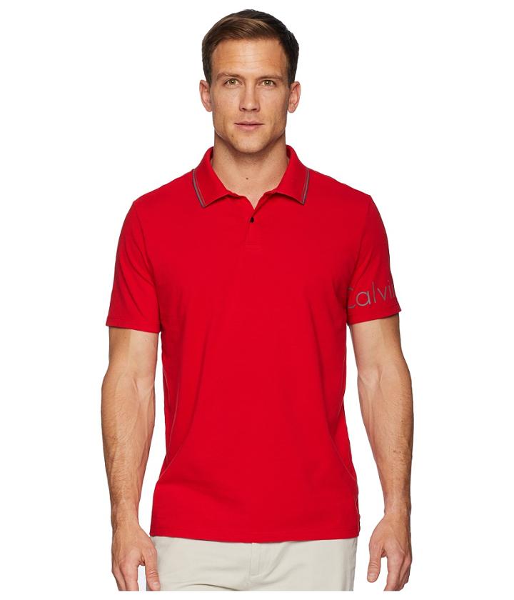 Calvin Klein Short Sleeve V-neck Polo With Printed Sleeve Logo (red Clash) Men's Clothing