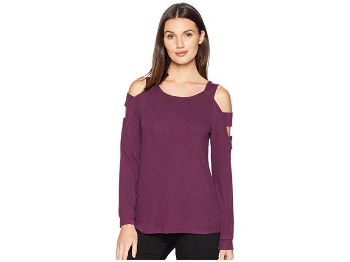 Pink Rose Cold Shoulder Long Sleeve Strapped Top W/ Banded Cuff (plum/black Marled) Women's Clothing