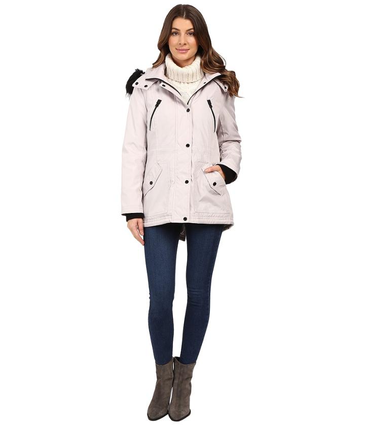Jessica Simpson Anorak Quilted Bonded W/ Hood And Faux Fur (silver) Women's Coat