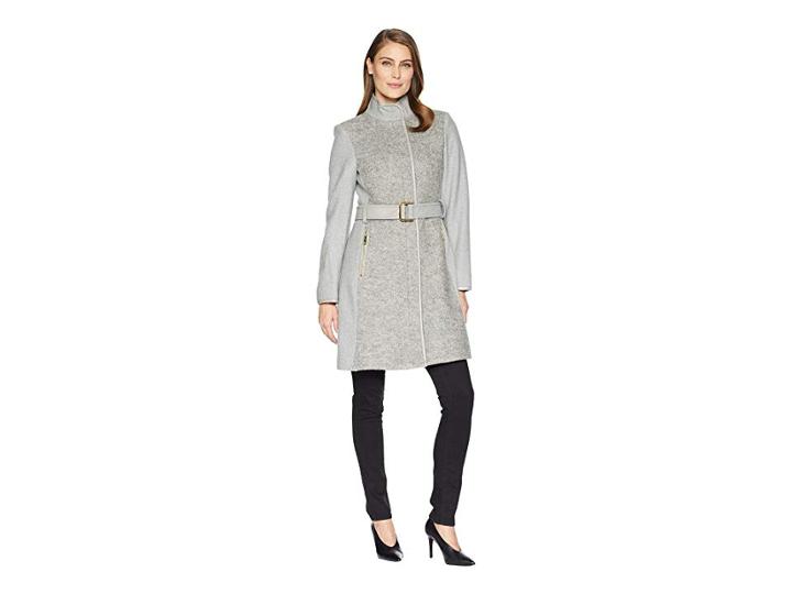 Vince Camuto Belted Mixed Media Wool Coat R1191 (light Grey) Women's Coat
