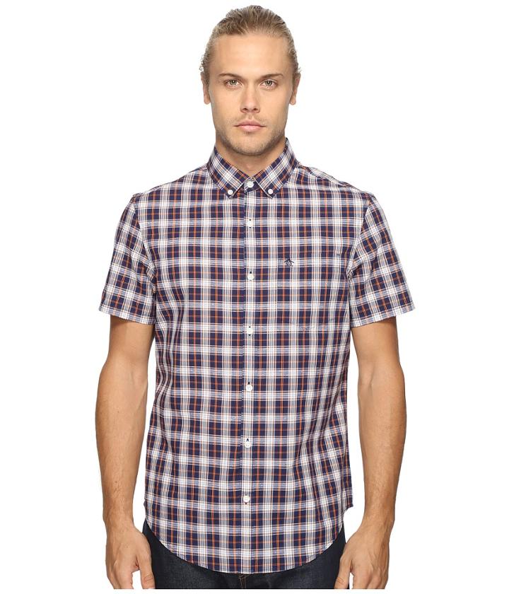 Original Penguin Short Sleeve Slub P55 Plaid Woven Shirt (evening Blue) Men's Long Sleeve Button Up