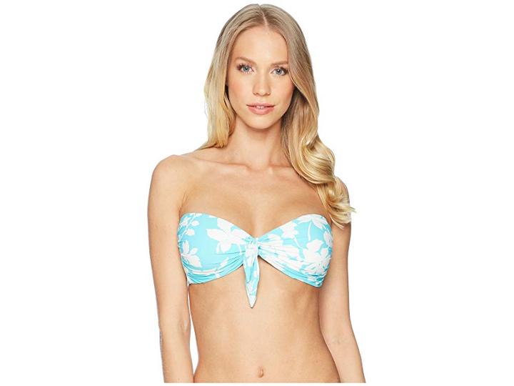 Michael Michael Kors Floral Vine Tie Front Bandeau Bikini Top W/ Molded Cups Removable Strap (turquoise) Women's Swimwear