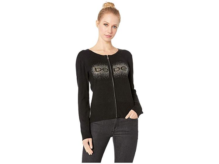 Bebe Gold Burst Logo Full Zip Cardigan (jet Black) Women's Sweater