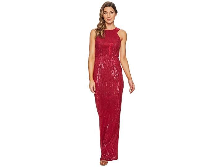 Adrianna Papell Sleeveless Stretch Sequin Halter Gown (red Plum) Women's Dress