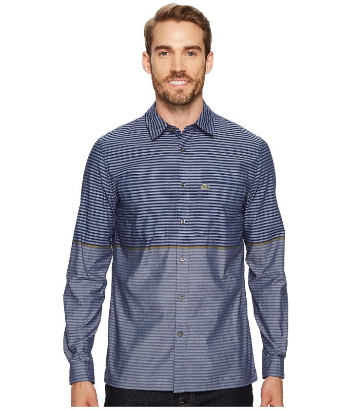 Lacoste Long Sleeve Spread With Two-pocket Horizontal Stripe Regular (navy Blue/mill Blue/calcutta Yellow) Men's Clothing