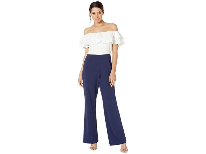 Marina Stretch Crepe Ruffle Off The Shoulder Jumpsuit (ivory/navy) Women's Jumpsuit & Rompers One Piece