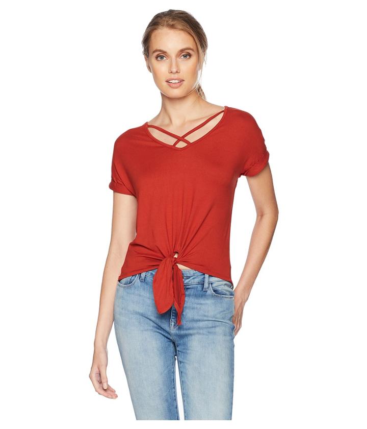 Pink Rose Short Dolman Sleeve V-neck High-low Top W/ Front Tie Crisscross (retro Rust) Women's Clothing