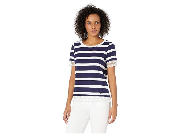 U.s. Polo Assn. Stripe Lace Trim T-shirt (evening Blue) Women's Clothing