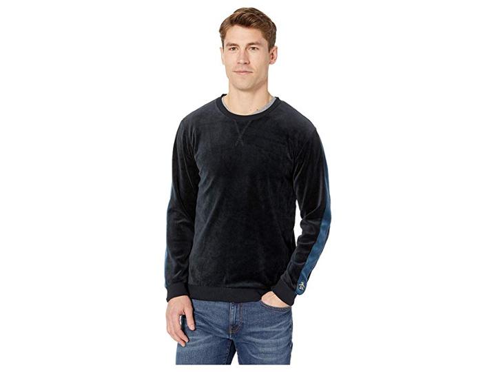 Original Penguin Velour Contrast Sleeve Crew (true Black/blue Wing Teal) Men's Clothing