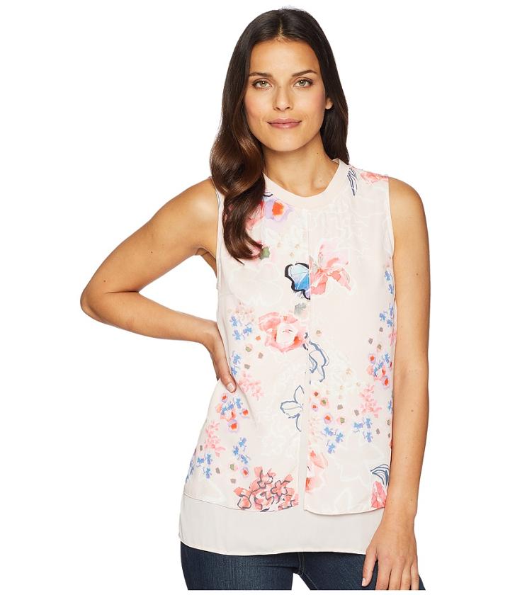 Tribal Sleeveless Printed Crepe Layered Blouse (pinkiss) Women's Blouse