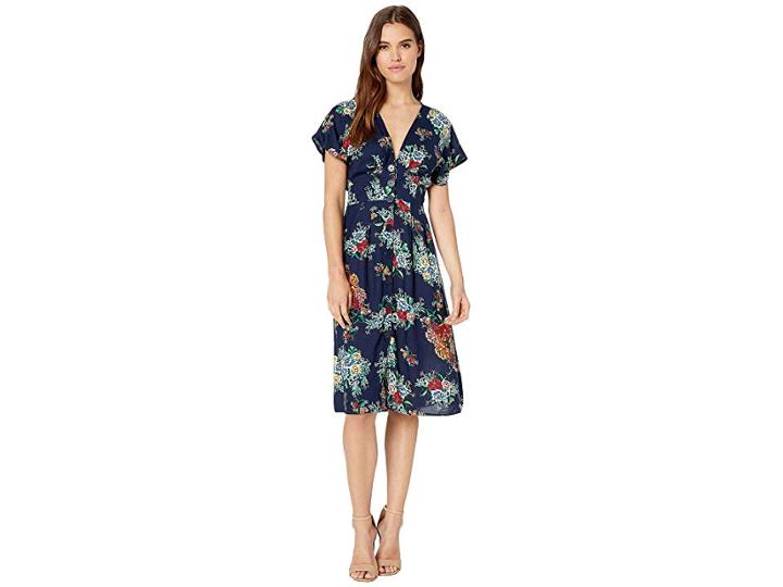 Angie Floral Button Up V-neck Dress (navy) Women's Dress