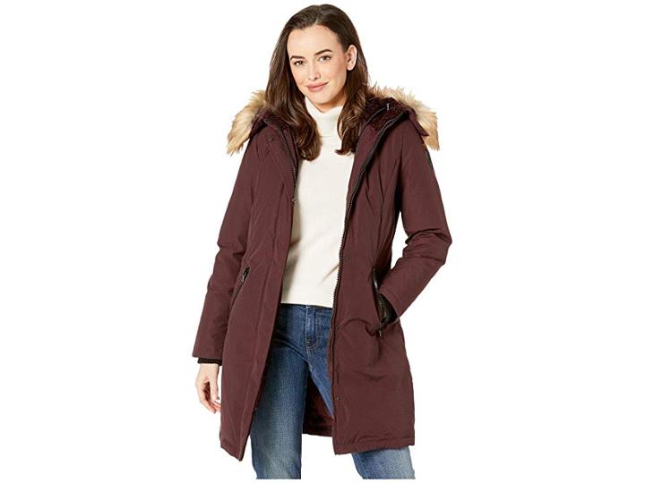 Vince Camuto Long Heavy Weight Down Coat With Sherpa Hood And Faux Fur Trim R1661 (wine) Women's Coat
