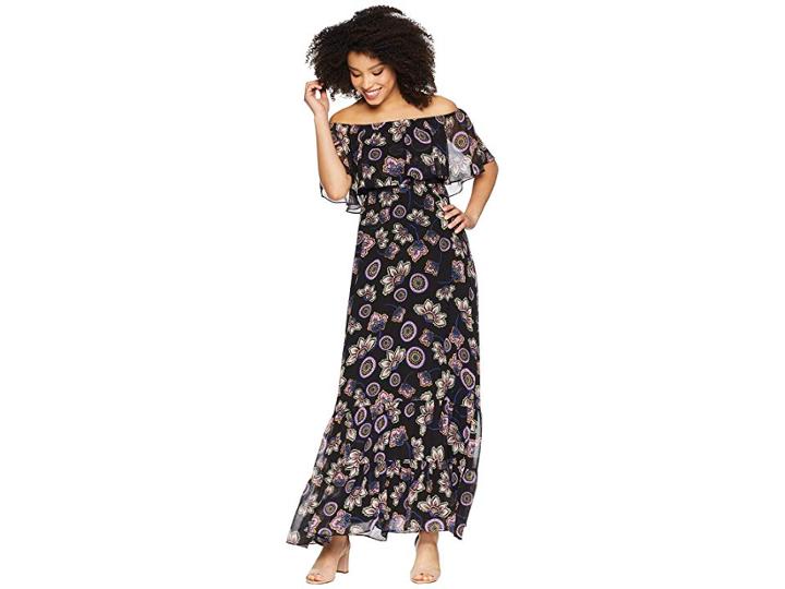 Donna Morgan Off The Shoulder Printed Chiffon Maxi Dress (black/petal Pink Multi) Women's Dress