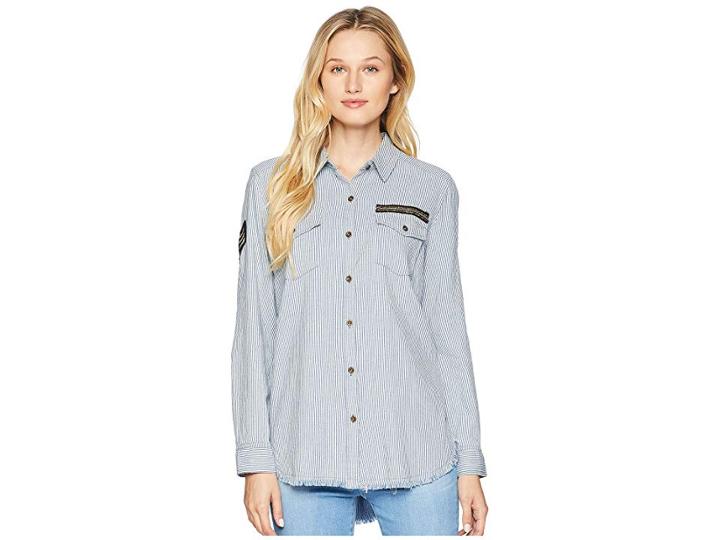 Tribal Long Sleeve Military Shirt Patch Detail (indigo Blue) Women's Long Sleeve Button Up