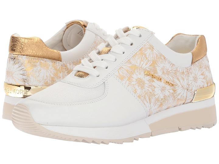 Michael Michael Kors Allie Trainer (optic/gold Metallic Flower Embossed/vachetta/small Air Mesh) Women's Lace Up Casual Shoes