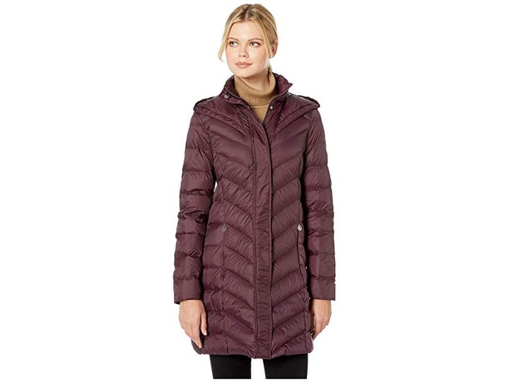 Tommy Hilfiger 34 Chevron Quilt W/ Hood (aubergine) Women's Coat