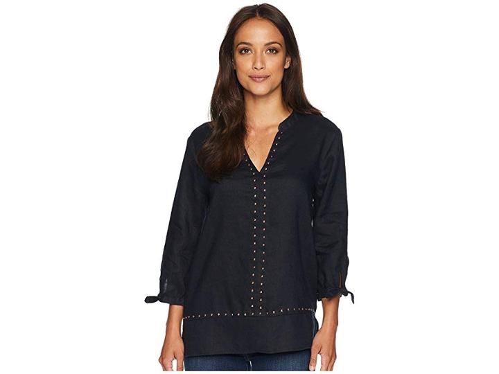 Ivanka Trump Long Sleeve V-neck Blouse With Tie Sleeves (navy) Women's Clothing