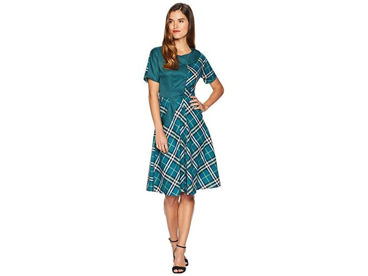 Unique Vintage 1950s Sterling Swing Dress (dark Teal/plaid Print) Women's Dress