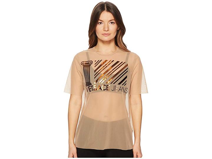 Versace Jeans Couture Sheer Designed Brand Short Sleeve Top (rose Dust) Women's Clothing
